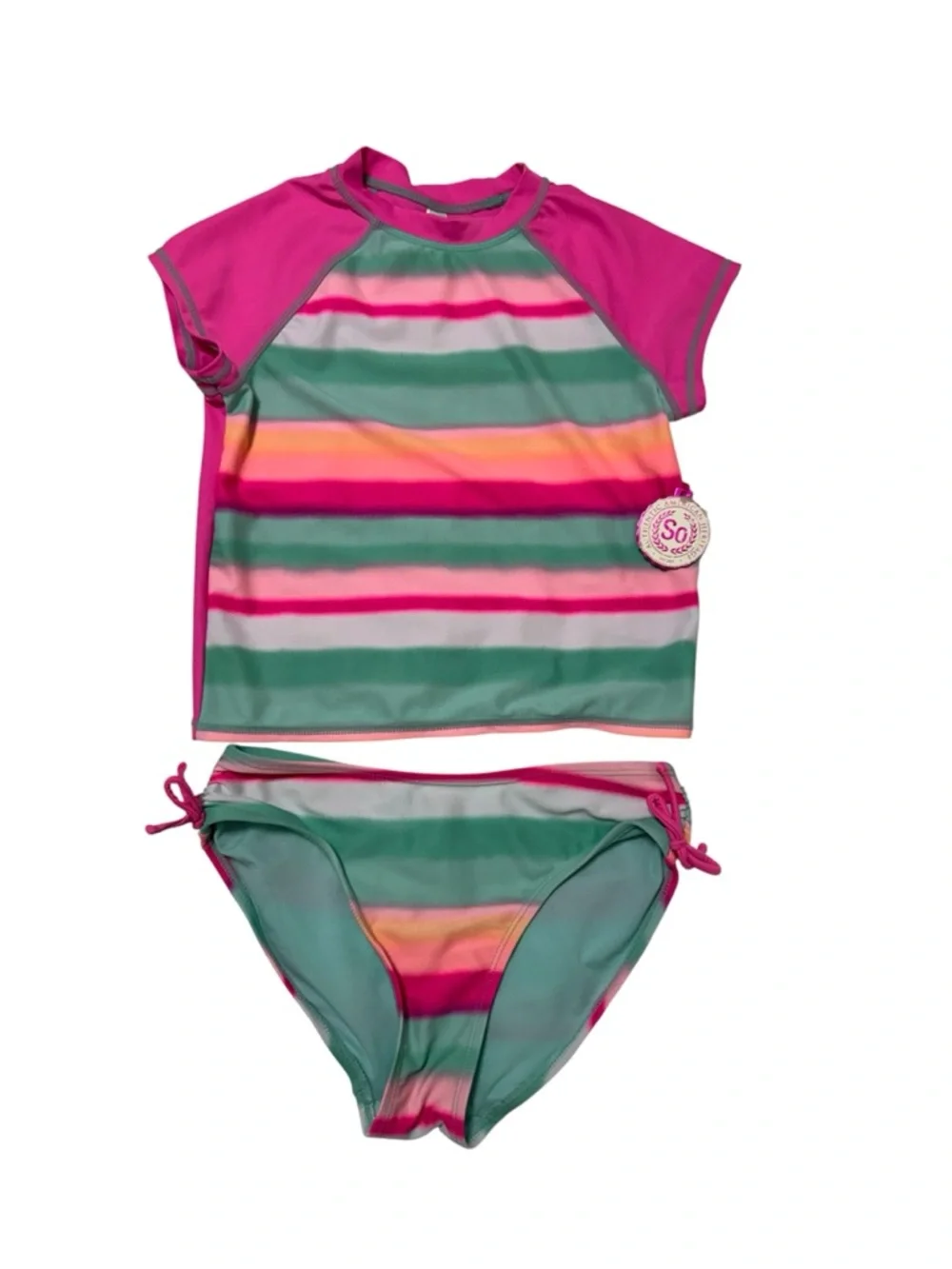 SO Girls' Pink, Green & Yellow Striped Rash Guard Bikini Girls Size 10